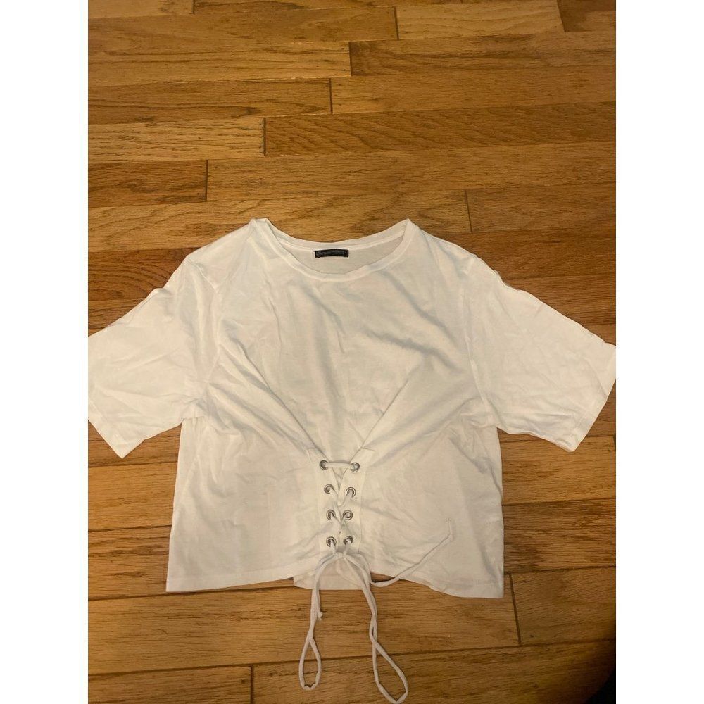 Zara women's white short sleeve cropped shirt with laced up tied front size lrg